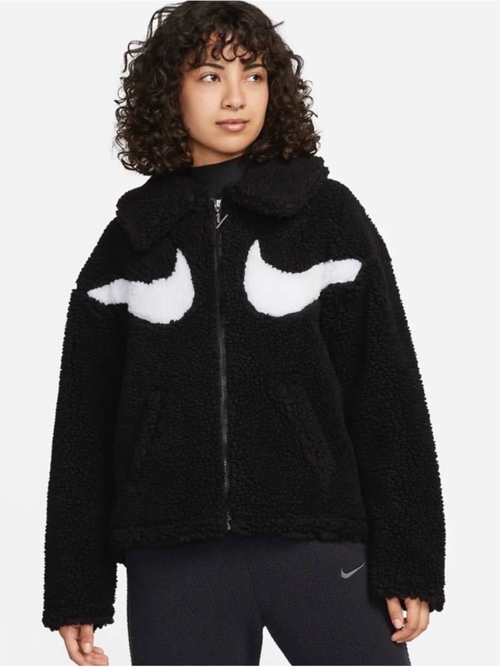 Nike Women's Sportswear NSW Swoosh Sherpa Jacket Black White Size M